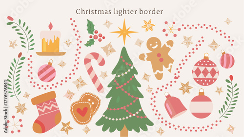 Illustration of christmas elements including a tree, ornaments, gingerbread man, and other festive decorations silhouette