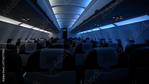 Empty Airplane Seats Inside Aircraft Cabin at Night