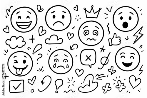 Hand-drawn doodle vector collection of Emotive Faces & Fun Sketch Symbols, created in a playful hand-drawn doodle style with expressive outlines, isolated on white background
