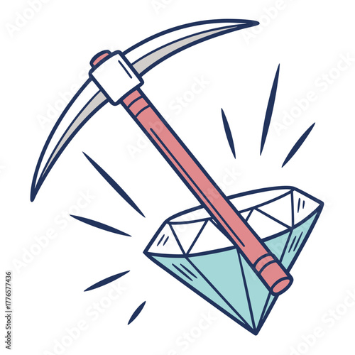 Illustration of a pickaxe striking a diamond, symbolizing mining, treasure, and precious gems