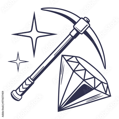 Monochrome illustration of a pickaxe striking a diamond, symbolizing mining, treasure, and precious gems