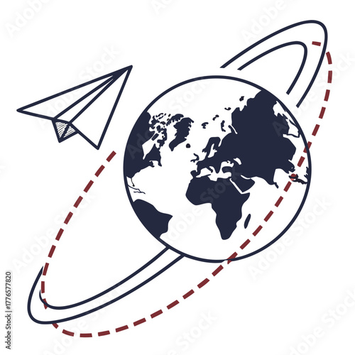 Paper airplane flying around the world, symbolizing dreams of travel