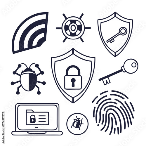 Security system with shield, key, fingerprint, padlock, bug and wifi