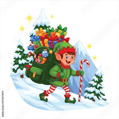 Happy christmas elf carrying a large sack of presents.