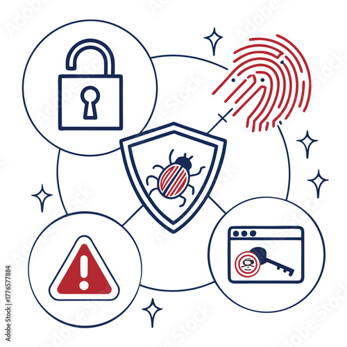 Security system with shield, key, fingerprint, padlock and bug