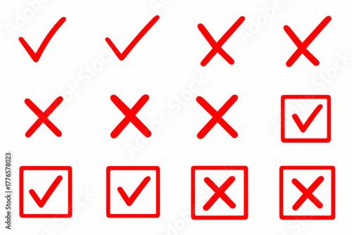 Hand-drawn doodle vector set of check marks, crosses, and tick boxes, created in a casual red color sketchy playful style, isolated on white background
