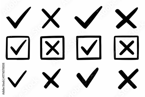 Hand-drawn doodle vector set of check marks, crosses, and tick boxes, created in a fun sketchy playful style, isolated on white background
