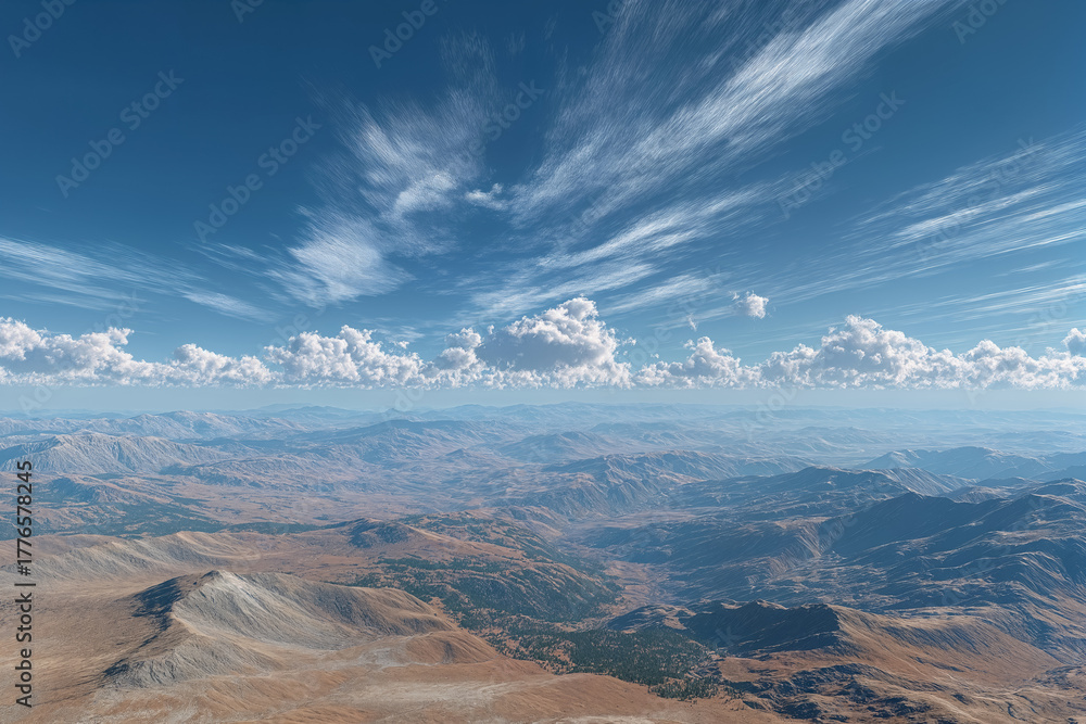 Fototapeta premium Majestic mountain range under vast blue sky with wispy clouds