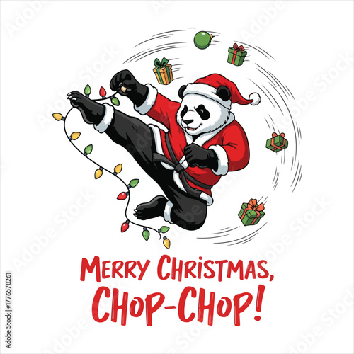 Martial arts panda in santa suit. Christmas vector art.