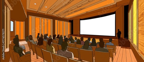 Interior of a modern torium with wooden walls and ceiling, ence seated facing a large blank screen for presentation