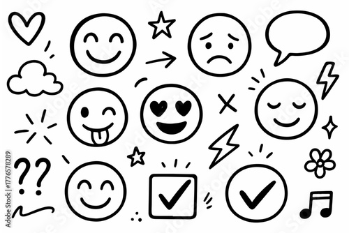 Hand-drawn doodle vector set of emojis, expressions, and fun symbols, created in a playful sketchy cartoon style, isolated on white background
