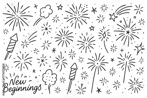 Hand-drawn doodle vector set of fireworks and sparkles, featuring fun sketchy festive elements, isolated on white background
