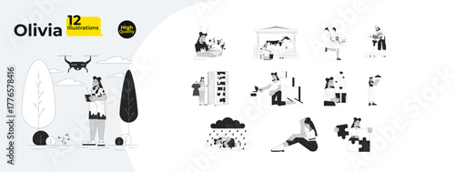 Curvy latina woman with work, holidays, depression outline illustrations mega bundle. Drone using, celebrating, packing tape 2D linear images isolated. Collection black and white vector drawings