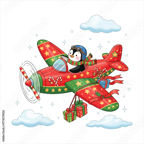 Cute penguin pilot flies red christmas airplane delivering presents through snowy sky.