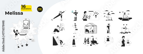 Chinese woman character with hobbies and activities outline illustrations mega bundle. Occupation, travel, casual lifestyle 2D linear images isolated. Collection black and white vector drawings