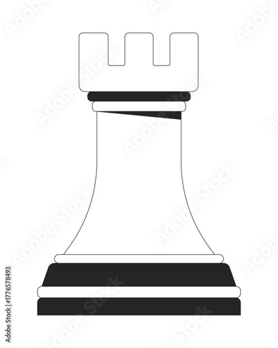 Rook chess piece 2D line object. Chessman. Strategic thinking. Board game. Chessboard figure. Planning move. Chesspiece isolated clipart vector ink outline item. Monochrome spot illustration