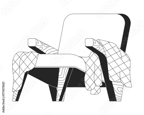 Throw blanket on armchair 2D line object. Cozy draped lounge chair for living room. Home furniture comfort. Upholstered seat isolated clipart vector ink outline item. Monochrome spot illustration
