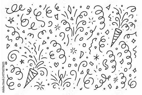 Hand-drawn doodle vector set of party confetti and streamers, drawn in a fun playful sketchy style, isolated on white background
