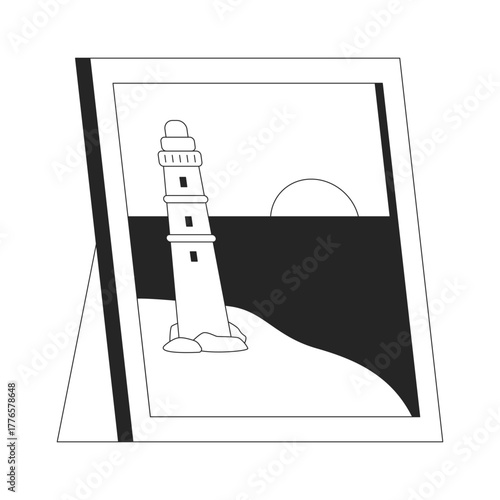 Framed lighthouse photo with seaside sunset 2D line object. Beacon on sandy coast with sun setting over ocean photoframe isolated clipart vector ink outline item. Monochrome spot illustration