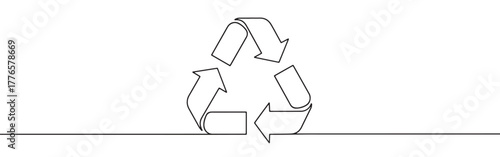 Continuous line drawing of a recycling symbol, representing environmental care and sustainability, isolated on a white background.