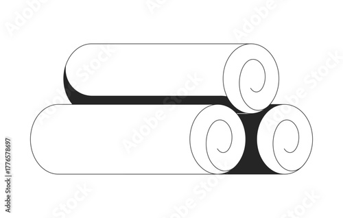 Rolled towels stack 2D line object. Spa, bathroom essentials, home hygiene. Wellness decor. Neat arrangement. Cotton bundle isolated clipart vector ink outline item. Monochrome spot illustration