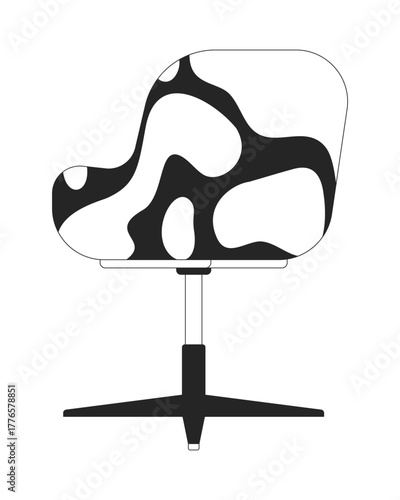 Modern cow print office chair 2D line object. Black and white upholstery furniture. Animal print seat. Funky swivel chair isolated clipart vector ink outline item. Monochrome spot illustration
