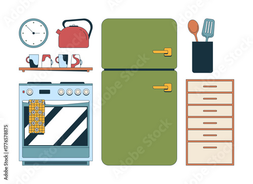 Kitchen furniture and appliances 2D cartoon objects set. Fridge, oven, kettle, utensil holder, mugs, wall clock, drawers isolated elements flat vector clip arts on white. Spot illustrations collection