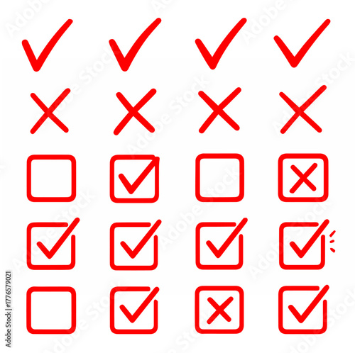 Hand-drawn red color doodle vector set of check marks, crosses, and tick boxes, created in a playful sketch style, isolated on white background
