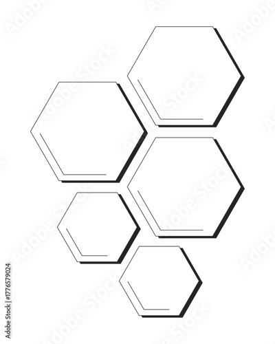 Hexagonal wall decor tiles 2D line object. Geometric eclectic interior. Hexagon shapes panels. Room styling. Trendy decoration isolated clipart vector ink outline item. Monochrome spot illustration