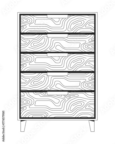 Wooden dresser with topographic pattern 2D line object. Bedroom, living room storage furniture, cabinet with woodgrain texture isolated clipart vector ink outline item. Monochrome spot illustration