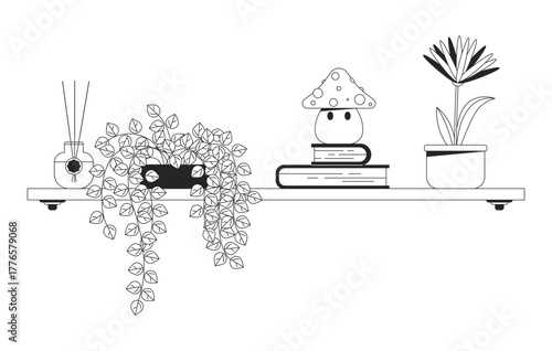 Decorative shelf with plants and books 2D line object. Cozy corner with diffuser, flowerpot, mushroom toy, hanging greenery isolated clipart vector ink outline item. Monochrome spot illustration
