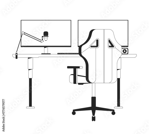 Dual monitor streaming desk setup 2D line object. Two computer screens with microphone arm, keyboard, webcam, ergonomic chair isolated clipart vector ink outline item. Monochrome spot illustration