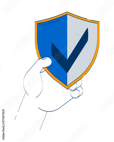 Hand holding shield symbol with checkmark doodle cartoon illustration. Verified trust, assurance. Protection check mark 2D vector drawing isolated on white background. Editable hand-drawn clipart
