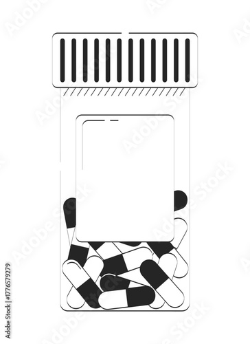 Prescription pill bottle with capsules doodle linear object. Pharmacy container drugs. Health supplements 2D vector outline clip art drawing isolated on white. Hand drawn sketch illustration