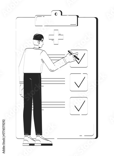 Korean man marking health checklist on clipboard doodle linear character. Policyholder patient filling out medical form 2D vector outline person isolated. Hand drawn drawing illustration monochrome
