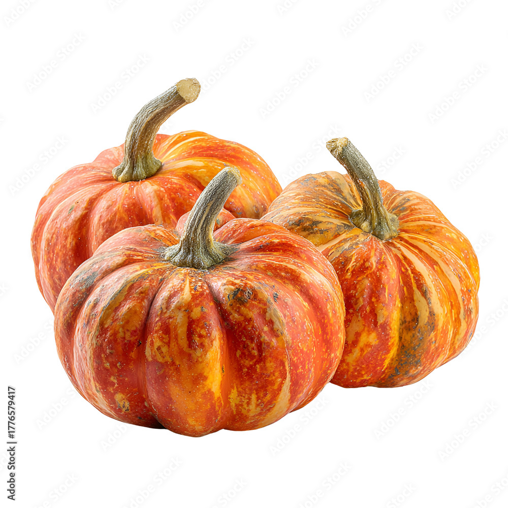 Fototapeta premium Three small orange pumpkins with textured rinds on white background