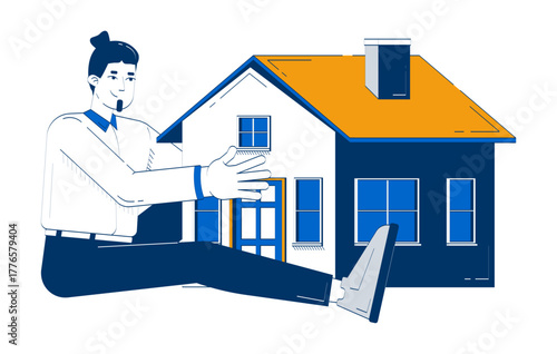 Male house broker embracing property 2D doodle character. Real estate agent man presenting realty home ownership cartoon person vector drawing isolated on white. Hand drawn illustration colorful