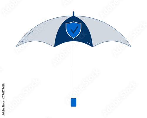 Protective umbrella with security shield emblem 2D doodle object. Insurance coverage. Open parasol with mark cartoon element flat vector clipart isolated on white background. Hand drawn illustration