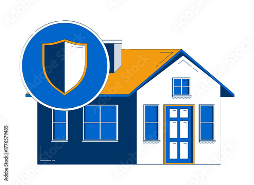 Shield symbol protecting modern house doodle illustration concept. Residential property insurance. Secure living. Home coverage safety cartoon 2D object isolated on white. Hand drawn vector metaphor