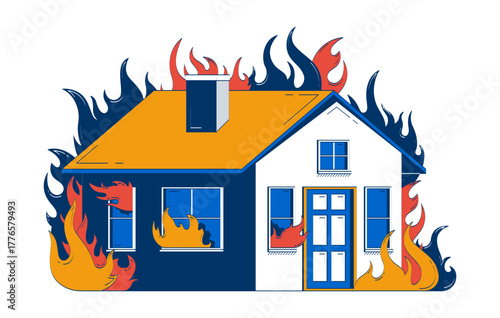Burning house engulfed in flames doodle cartoon illustration. Fire emergency. Residential blaze. Home arson. Property disaster 2D flat object isolated on white. Doodleart hand-drawn drawing colorful