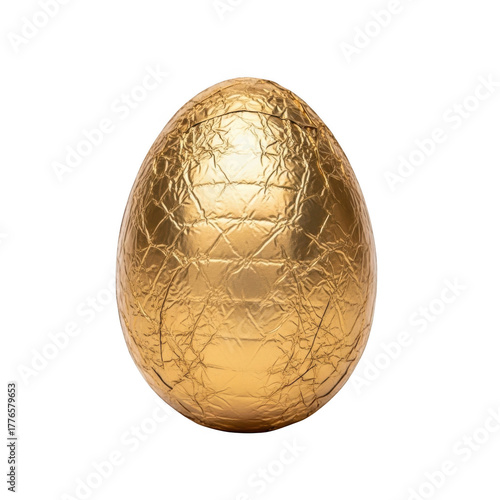 A shiny golden chocolate egg wrapped in foil isolated on transparent background