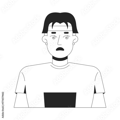 Chinese man with dizzy face expression 2D line character. Disoriented reaction, mental fatigue. Confused asian guy spiral eyes isolated vector ink outline person. Monochromatic spot illustration