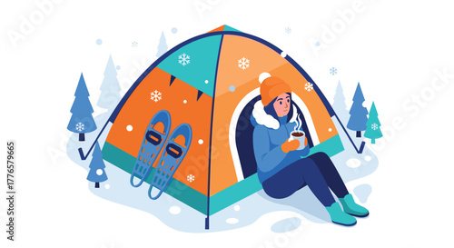 Camping adventure in snowy forest with warm beverages and gear
