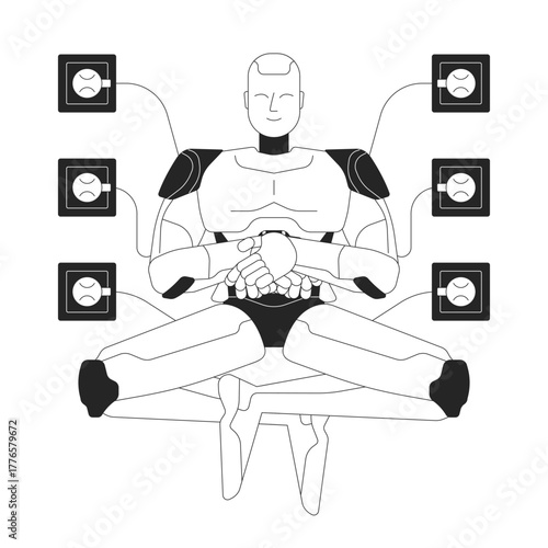 AI robot meditating while connected to power outlets 2D line character. Robotic humanoid plugged to recharge from electricity isolated vector ink outline personage. Monochromatic spot illustration
