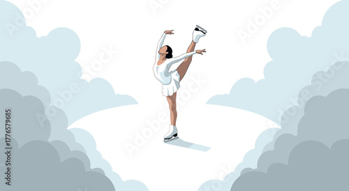 Graceful figure skater performing in cloudy scene with dynamic elegance