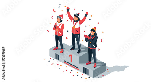 Celebrating victory on podium with gold medalists and cheerful crowd in winter attire