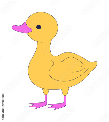 Cute yellow duck standing 2D cartoon character. Baby bird. Young duckling quack. Farm poultry. Little fowl. Domesticated livestock flat vector animal isolated on white. Spot illustration colorful