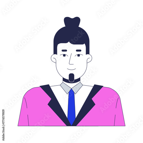 Smiling businessman with topknot and office blazer 2D avatar human face. Young caucasian male executive with goatee cartoon illustration character portrait isolated. Flat user profile color image