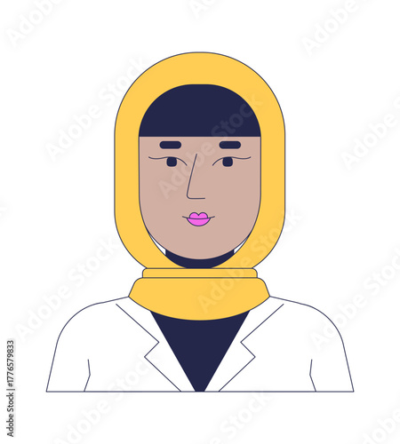 Professional arab muslim woman in hijab and lab coat 2D avatar human face. Middle eastern female employee in headscarf cartoon illustration character portrait isolated. Flat user profile color image