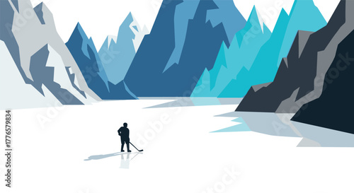 Solitary ice hockey player among majestic mountains in minimalist landscape